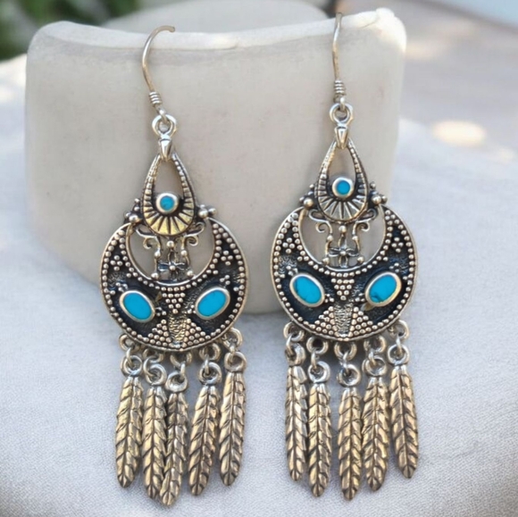 Native American Jewelry - Vintage Sterling Zuni Native American  Turquoise Feather Earrings